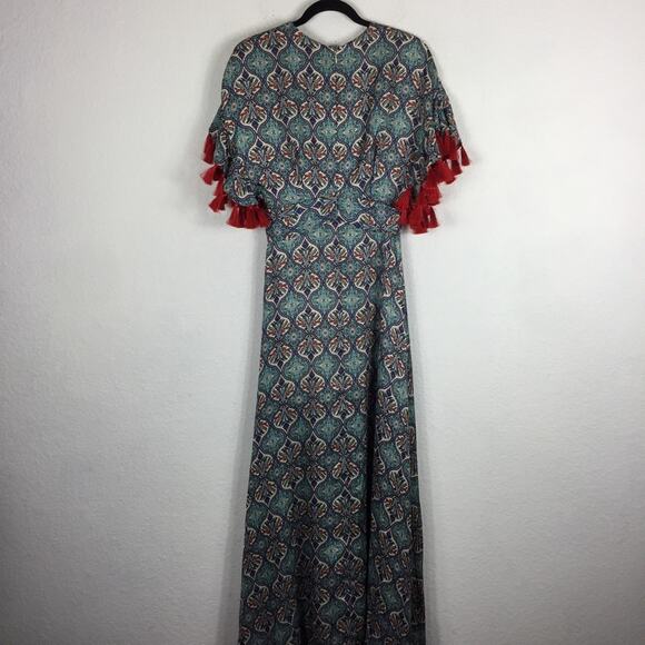 Anthropologie Sachin + Babi Maxi Dress Size 2 Tasseled Red Blue Abstract Satin - Picture 15 of 16